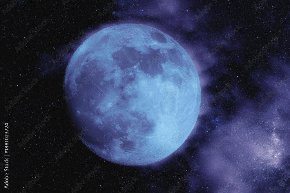 Fototapeta premium Vast cosmic expanse with a luminous blue moon and distant stars