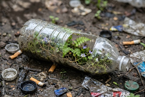 Plants sprouted in a plastic bottle. Environmental concept: pollution from trash and plastic bottles.