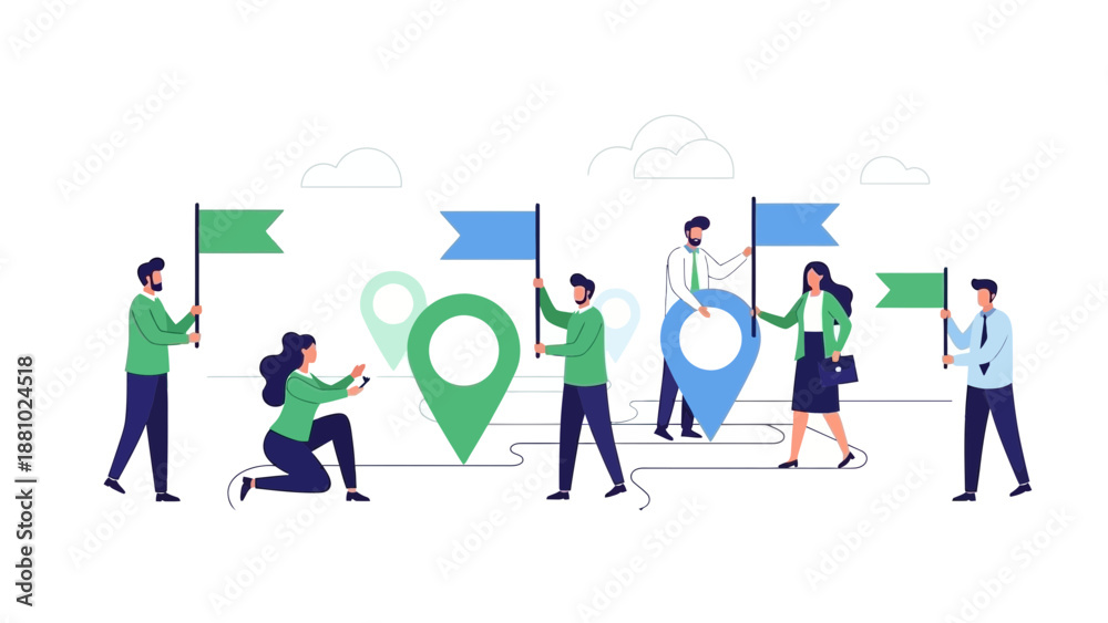 Fototapeta premium Teamwork Navigation Concept: People with Flags and Location Pins