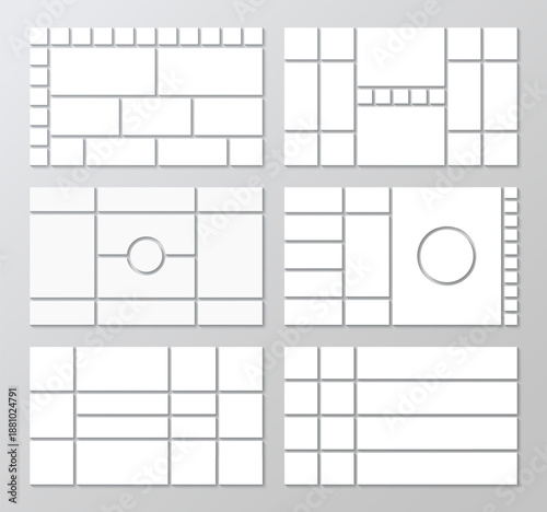 Geometric frames collage. Mosaic pictures collection. Album brandboard template. Mood board grid. Set of photo moodboard layout. Gallery banner. Organised portfolio. Vector illustration