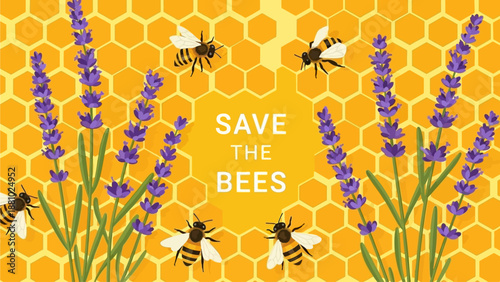 Save the Bees Honeycomb and Lavender Vector Concept