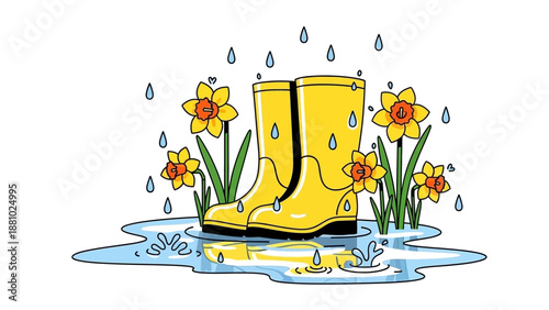 Yellow Rain Boots and Spring Daffodils Vector Art