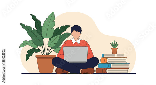 Young man sitting comfortably on the floor working on his laptop next to a large potted plant and stacks of colorful books.