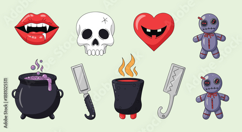 Set of various halloween themed icons including vampire lips a skull a heart a voodoo doll cauldrons and a cleaver knife.