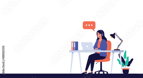 Dedicated female customer service agent wearing a headset and working at a desk with a laptop and office supplies.