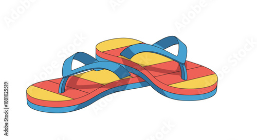Pair of bright and colorful summer flip flops featuring a striped pattern of blue yellow and red colors on a white background.