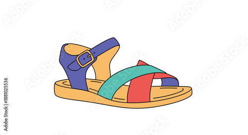 Single colorful sandal for women featuring purple, green, and red straps with a comfortable beige sole for summer wear.