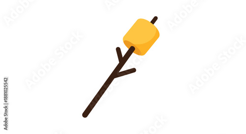 Single fluffy marshmallow on a wooden stick ready for roasting over a campfire during a fun outdoor camping trip.