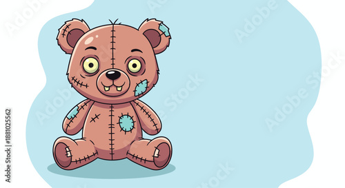 Spooky brown zombie teddy bear with visible stitches, glowing yellow eyes, and patches on its body for Halloween fun.