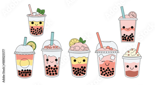 Collection of cute bubble tea characters in plastic cups with smiley faces, colorful layers, and various tasty toppings.
