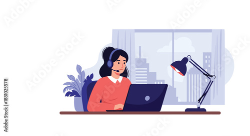 Professional woman with a headset working at a computer desk with a lamp and a plant with a city view from the window.