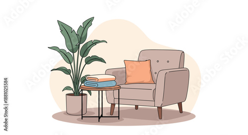 Relaxing corner in a room featuring a grey armchair with an orange pillow, a side table with towels, and a large plant.