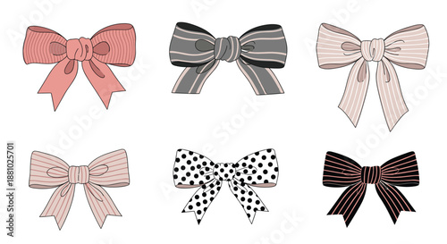 Set of six stylish hair bows featuring various patterns like stripes, polka dots, and solid colors in a soft pink and grey palette.