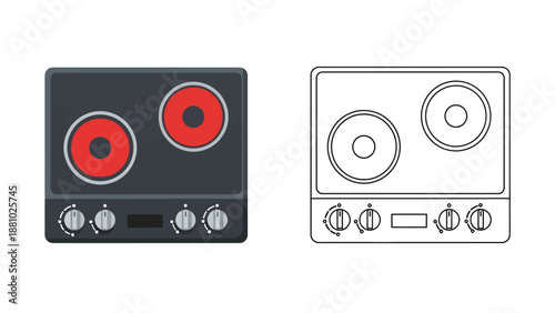 Modern electric stovetop design with color and outline versions shown side by side