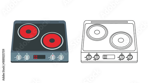 A colorful and monochrome illustration of modern electric stovetops with controls