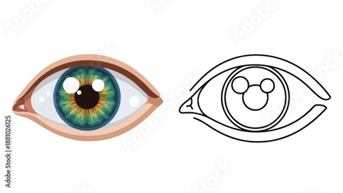 A realistic eye illustration alongside a simplified line art eye design