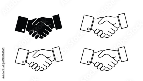 Four variations of a handshake icon depicted in black and white line art