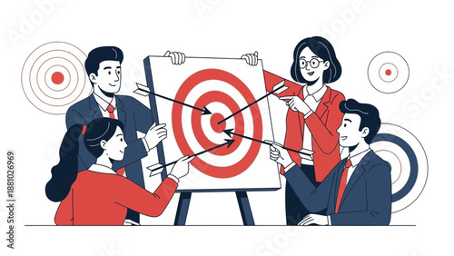 Business team hitting target with arrows, strategy, success, goals, teamwork illustration