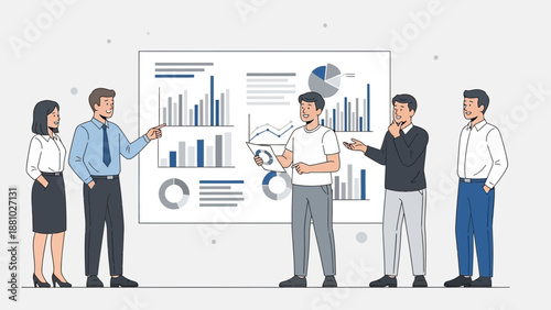 Business Team Presenting Financial Data Analysis and Charts on Screen