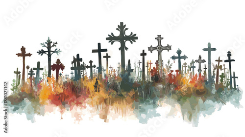 Hill of Crosses. Hill of Crosses watercolor vector illustration