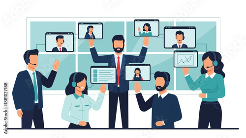 Business Team Video Conference Meeting: Remote Collaboration and Communication