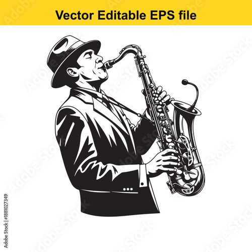  vector illustration of a man playing a saxophone in a suit and hat