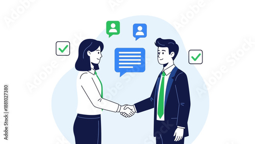 Business handshake agreement illustration, partnership success, teamwork, communication, meeting
