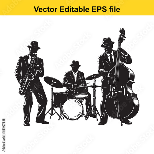  vector illustration of jazz musicians playing saxophone, drums, and double bass