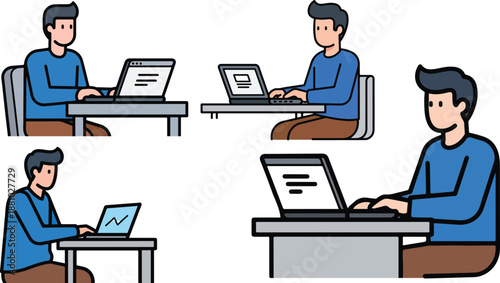Collection of four flat design illustrations showing a man working diligently on his personal laptop computer at a desk on transparent background