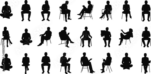 Seated people silhouettes, sitting poses, chair icons, posture diversity, black vector illustration, casual and formal, human behavior, design reference