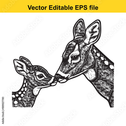  vector illustration of two deer touching noses in black and white