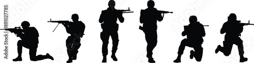 Soldier silhouettes, tactical stances, armed forces, combat poses, rifle icons, black vector illustration, military readiness, defense concept, action design