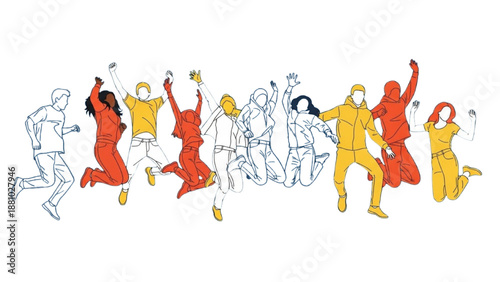Diverse group of people jumping in joy together outdoors in a vibrant celebration scene