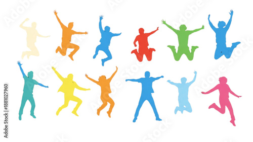 Vibrant silhouettes of people jumping in unison from an aerial view