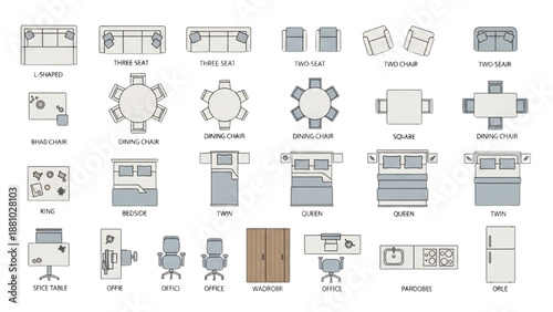Collection of office furniture and decor diagrams on white background from various viewpoints