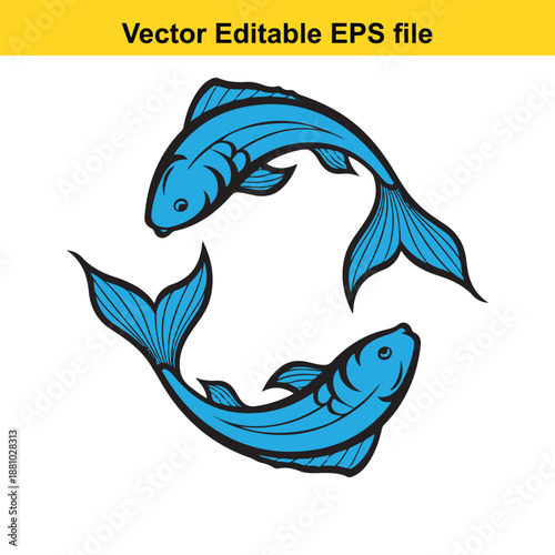  vector illustration of two blue fish swimming in a circular motion