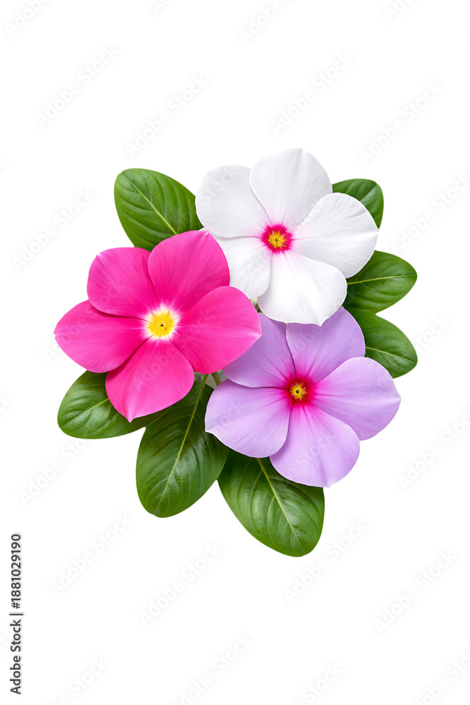 Fototapeta premium Colorful periwinkle flowers with green leaves beautifully isolated on transparent background