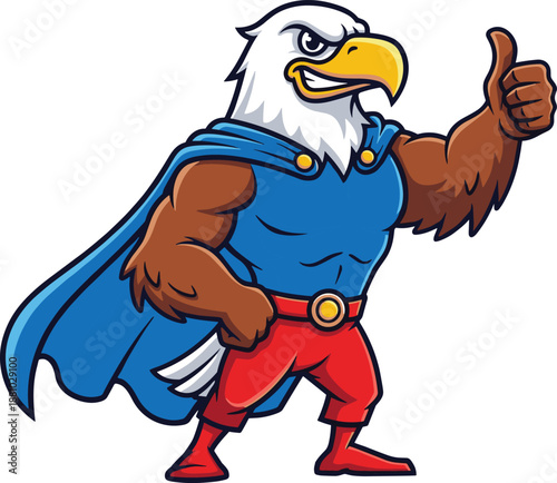 Powerful eagle superhero mascot giving thumbs up in colorful comic style, muscular bird character with cape for gaming, branding, logo, sticker and marketing illustration