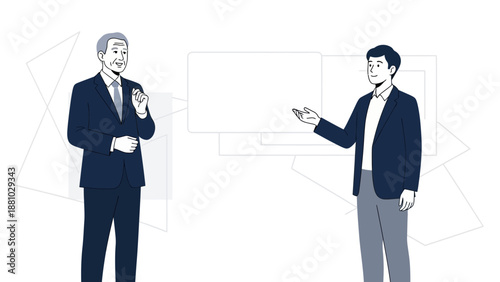 Business meeting illustration, presentation, discussion, collaboration, two businessmen talking