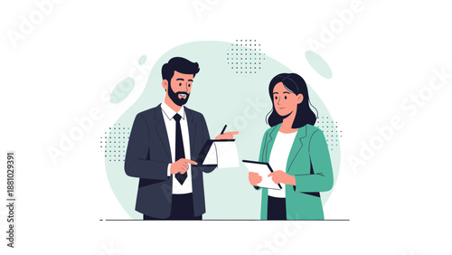 Business Meeting: Man and Woman Discussing Project on Tablets