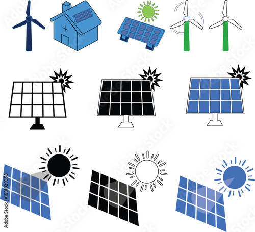 Renewable energy icons featuring solar panels, wind mills, and sun energy.