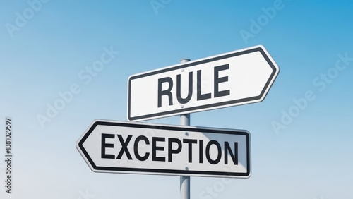A signpost with two directional signs pointing in opposite directions labeled rule and exception against a blue sky