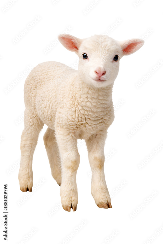 Fototapeta premium Adorable young lamb with fluffy white wool standing calmly on transparent background