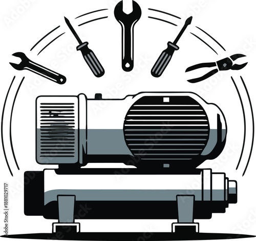 Black and white of a compressor with surrounding tools including wrenches screwdrivers and pliers de