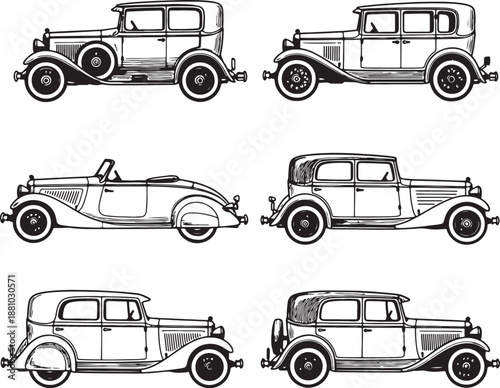 Six black and white vintage cars in side view line also transparent background line side view classic automobiles