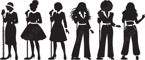 Six black silhouette women in various poses and outfits standing in a row also transparent background