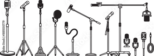 Various types of microphones and stands in black and white line also transparent background microphone stand