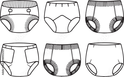 Six different styles of diapers or incontinence briefs shown as line disposable underwear medical de