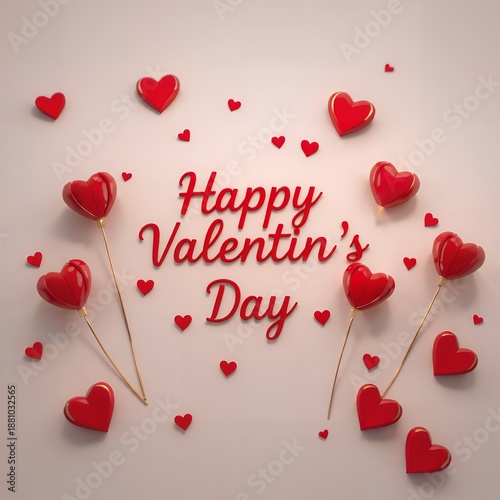 A festive Happy Valentine's Day display with red heart shaped balloons and decorations on a pink background