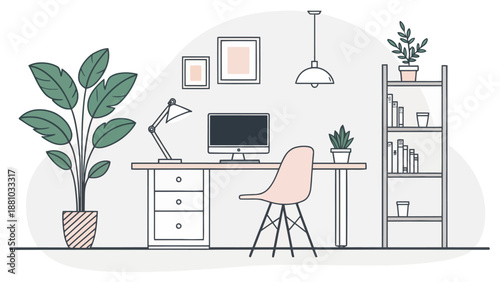 Modern home office setup with computer and plants